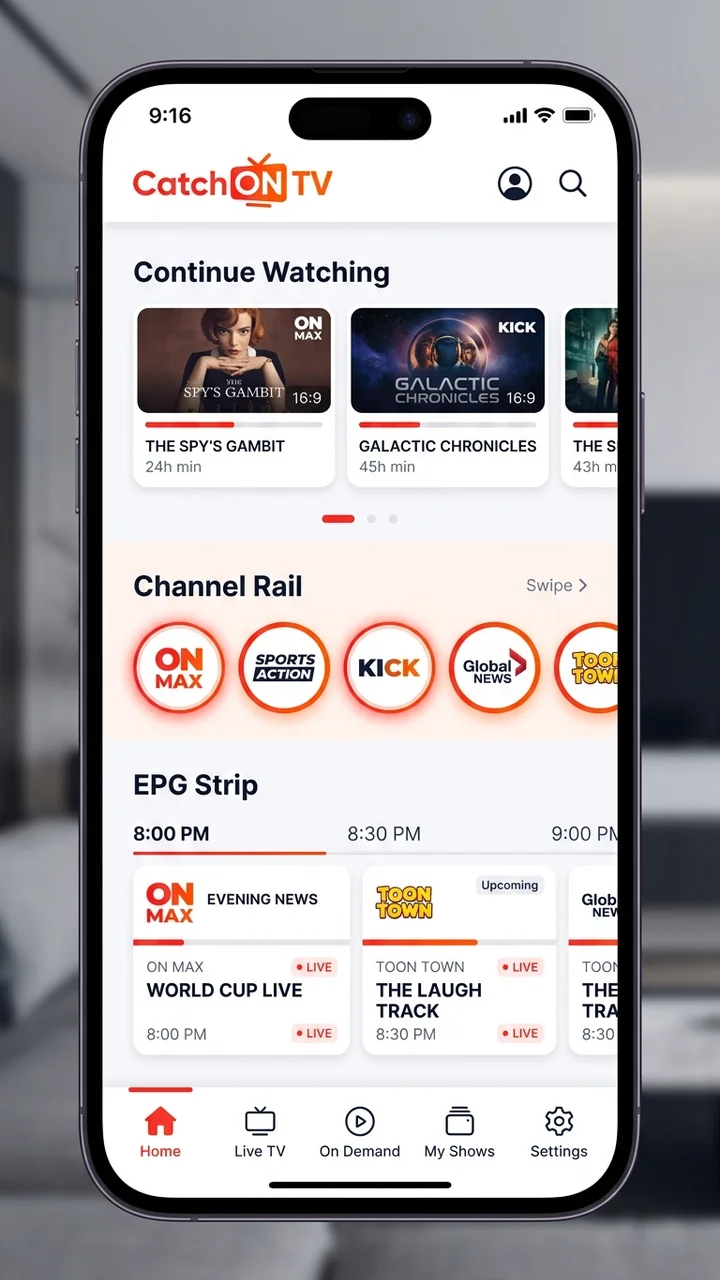 CatchON TV app home screen